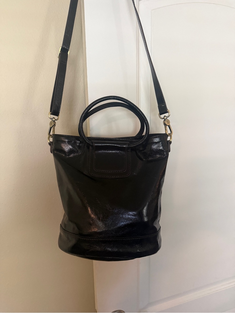 HOBO Black Leather Bucket Bag with Top Handles and Adjustable Strap
